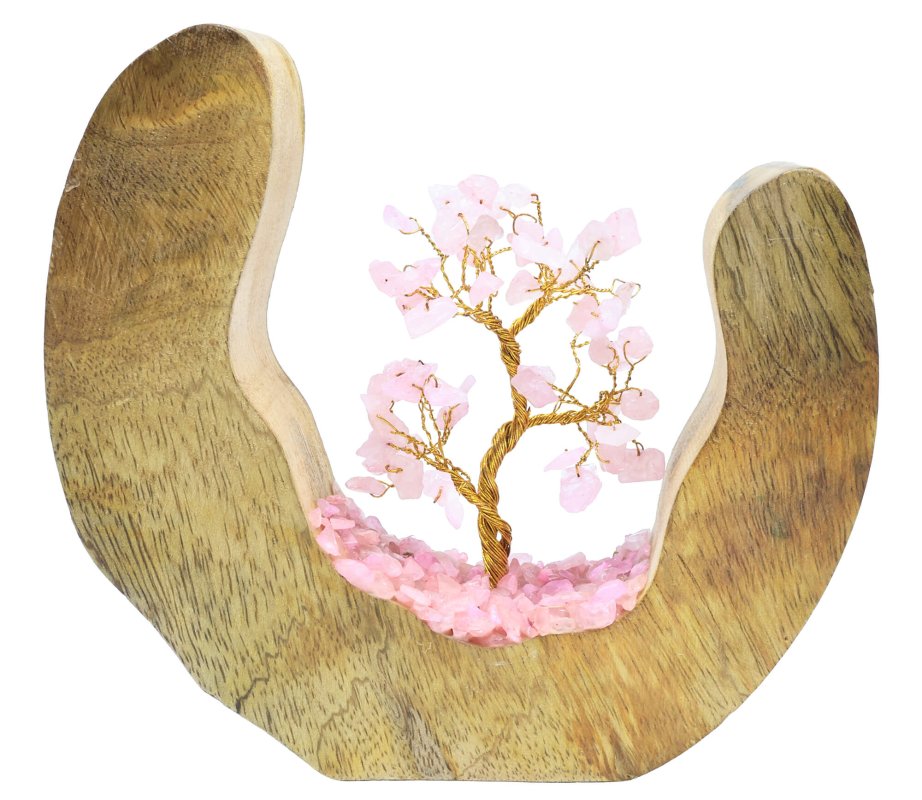Arbre du Bonheur en Quartz Rose 17cm – Socle Bois de Manguier Design