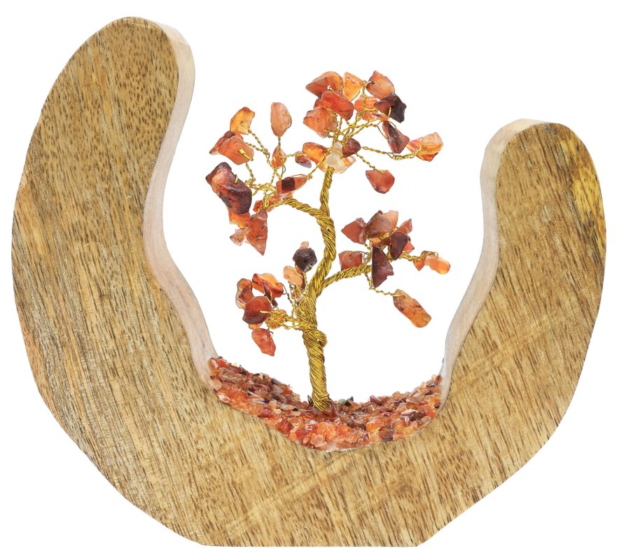 Arbre du Bonheur en Cornaline 17cm – Socle Bois de Manguier Design