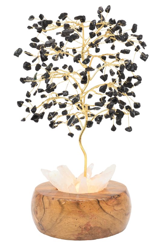 Arbre du Bonheur Lumineux en Tourmaline Noire – Socle Cristal de Roche Éclairé 28cm