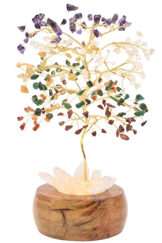 Arbre du Bonheur Lumineux 7 Chakras 25cm – Base Cristal de Roche Éclairée & Socle Acacia
