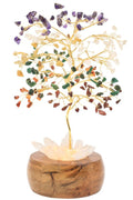 Arbre du Bonheur Lumineux 7 Chakras 25cm – Base Cristal de Roche Éclairée & Socle Acacia