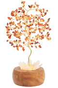 Arbre du Bonheur Lumineux Cornaline 25cm – Base Cristal de Roche Éclairée & Socle Acacia