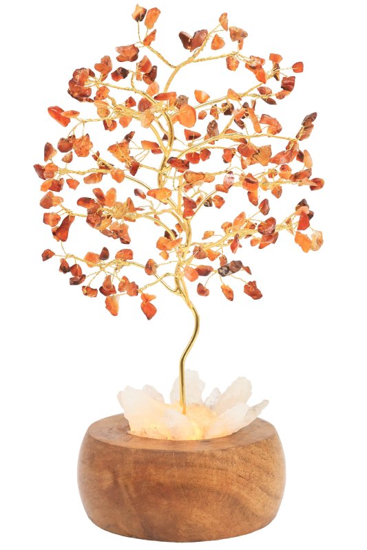 Arbre du Bonheur Lumineux Cornaline 25cm – Base Cristal de Roche Éclairée & Socle Acacia