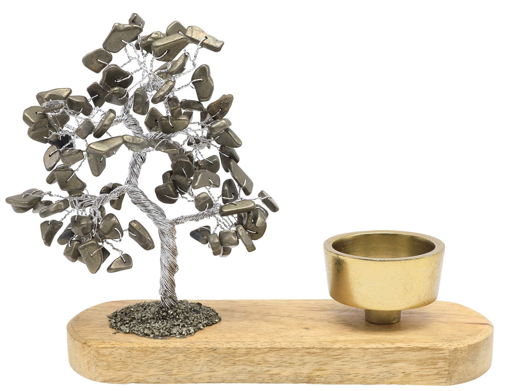 Arbre du Bonheur Pyrite + Bougeoir 17cm – Or des Fous & Prospérité Illuminée