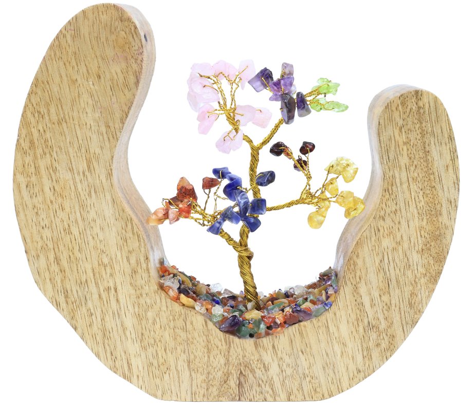 Arbre du Bonheur 7 Chakras 17cm – Socle Bois de Manguier Design