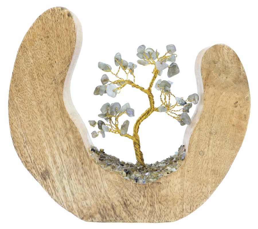 Arbre du Bonheur en Labradorite 17cm – Socle Bois de Manguier Design