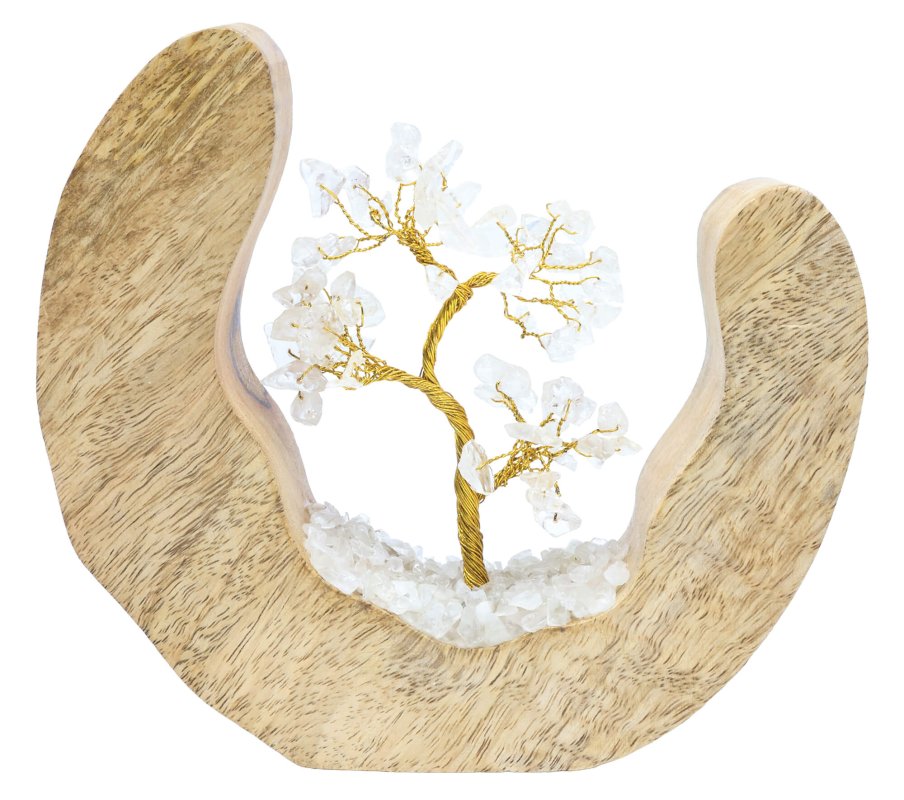 Arbre du Bonheur en Cristal de Roche 17cm – Socle Bois de Manguier Design