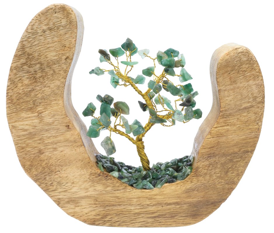 Arbre du Bonheur en Aventurine Verte 17cm – Socle Bois de Manguier Design
