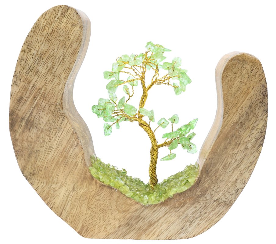 Arbre du Bonheur en Péridot 17cm – Socle Bois de Manguier Design