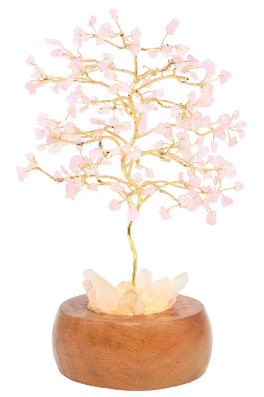Arbre du Bonheur Lumineux en Quartz Rose – Socle Cristal de Roche Éclairé 28cm