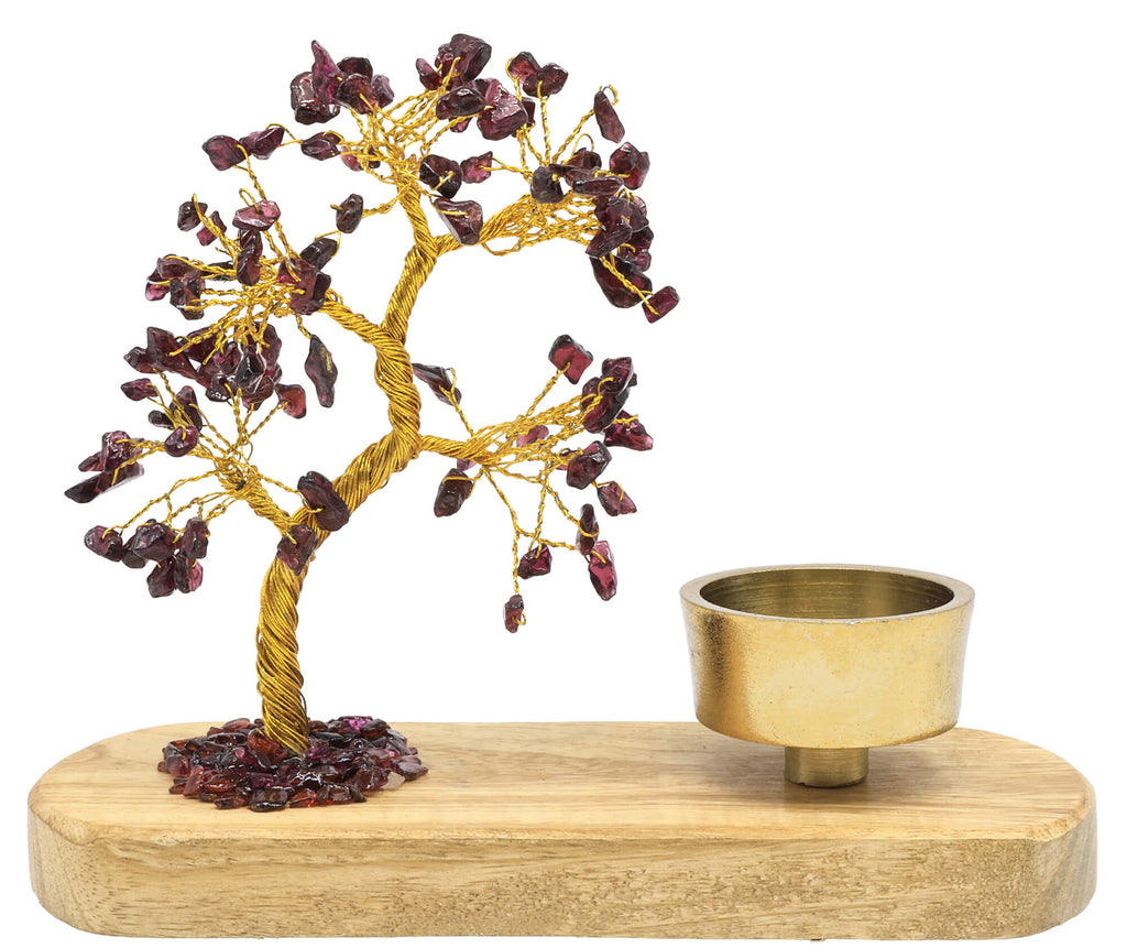 Arbre du Bonheur Grenat + Bougeoir 17cm – Pierre de Passion & Énergie Vitale Naturelle