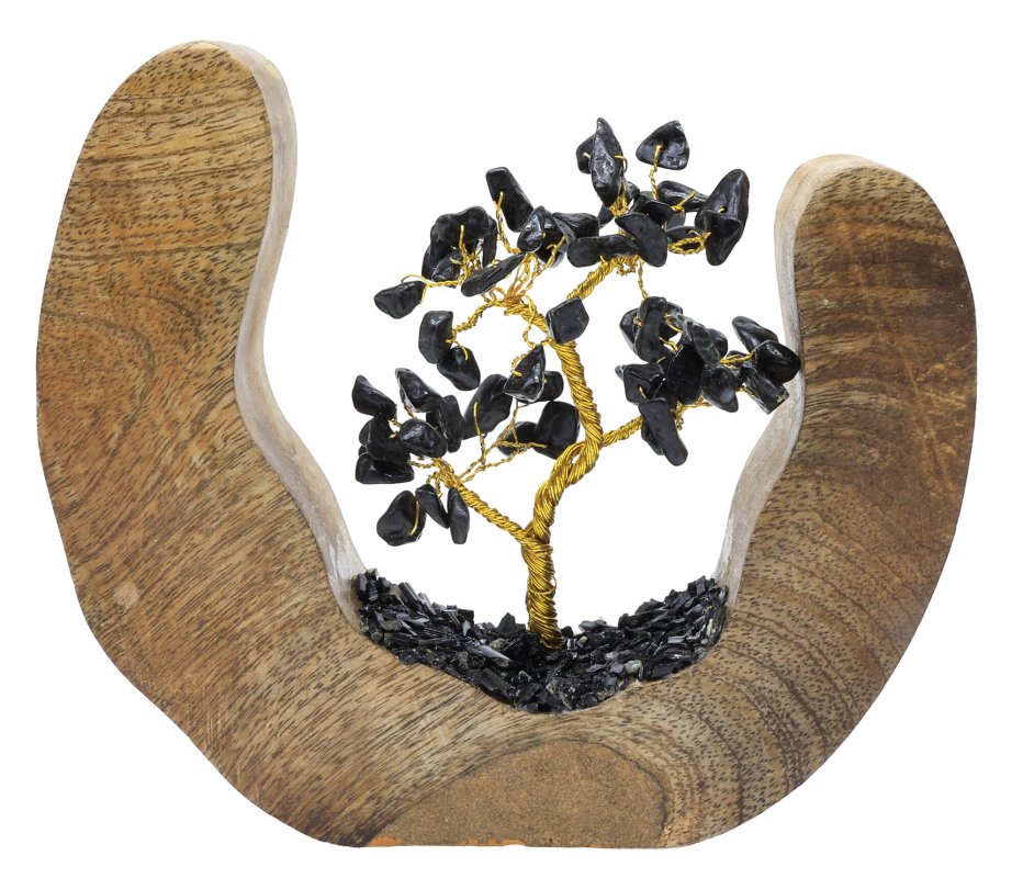 Arbre du Bonheur en Tourmaline Noire 17cm – Socle Bois de Manguier Design