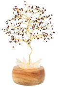 Arbre du Bonheur Lumineux Grenat 25cm – Base Cristal de Roche Éclairée & Socle Acacia