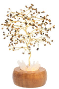 Arbre du Bonheur Lumineux Œil de Tigre 25cm – Base Cristal de Roche Éclairée & Socle Acacia