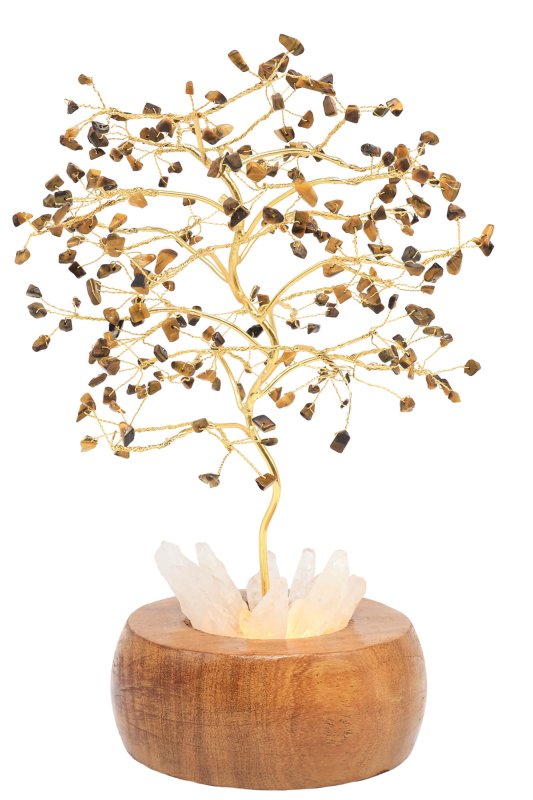Arbre du Bonheur Lumineux Œil de Tigre 25cm – Base Cristal de Roche Éclairée & Socle Acacia