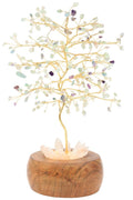 Arbre du Bonheur Lumineux Fluorite 25cm – Base Cristal de Roche Éclairée & Socle Acacia