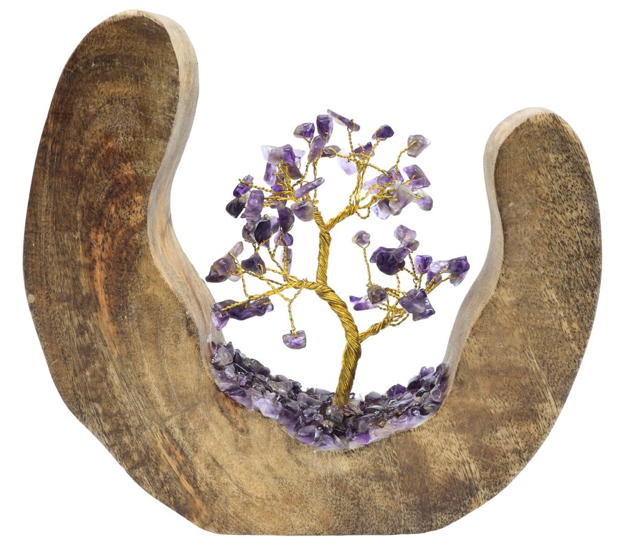 Arbre du Bonheur en Améthyste 17cm – Socle Bois de Manguier Design