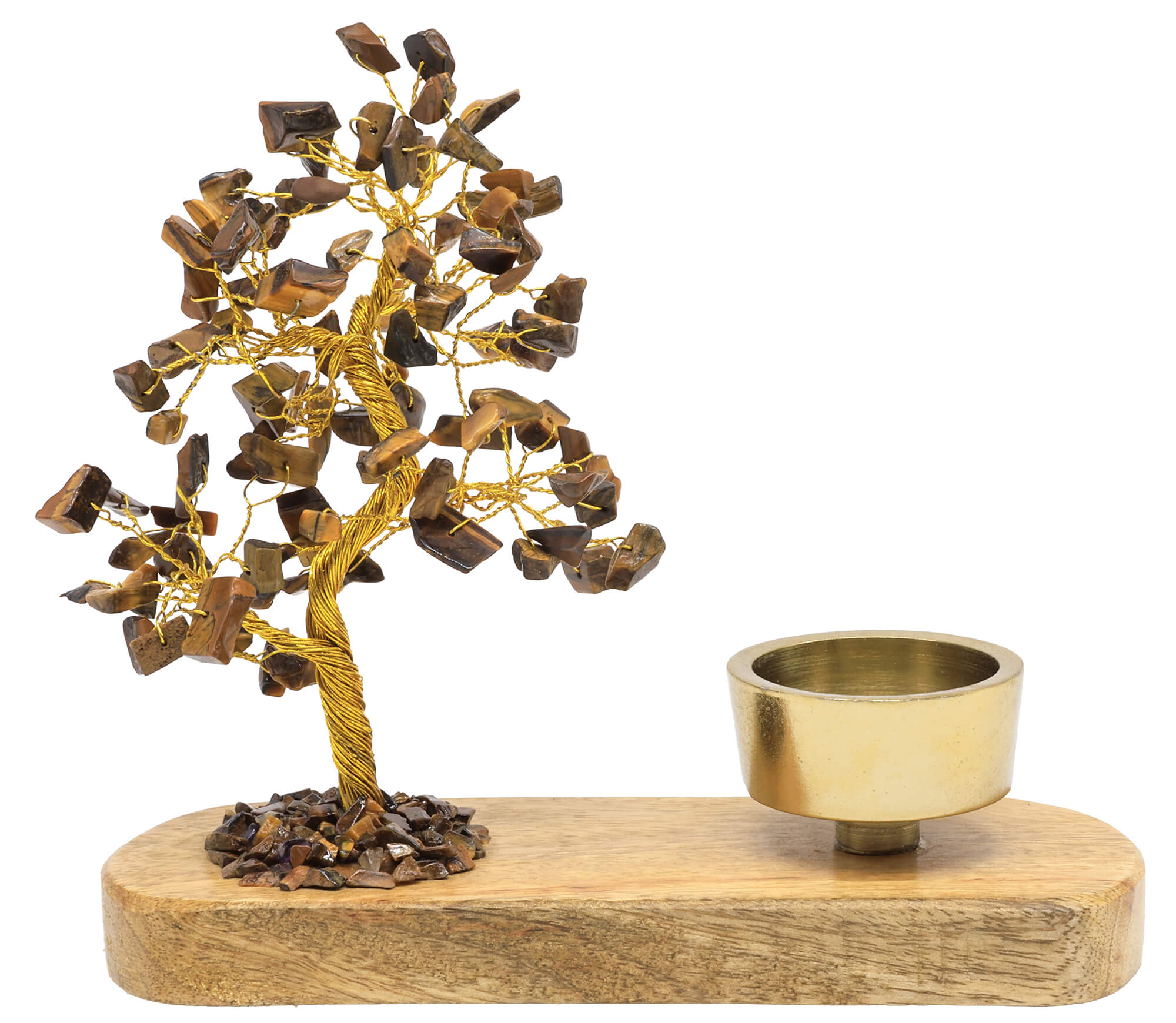 Arbre du Bonheur Œil de Tigre + Bougeoir 17cm – Pierre de Force & Reflets Dorés Envoûtants