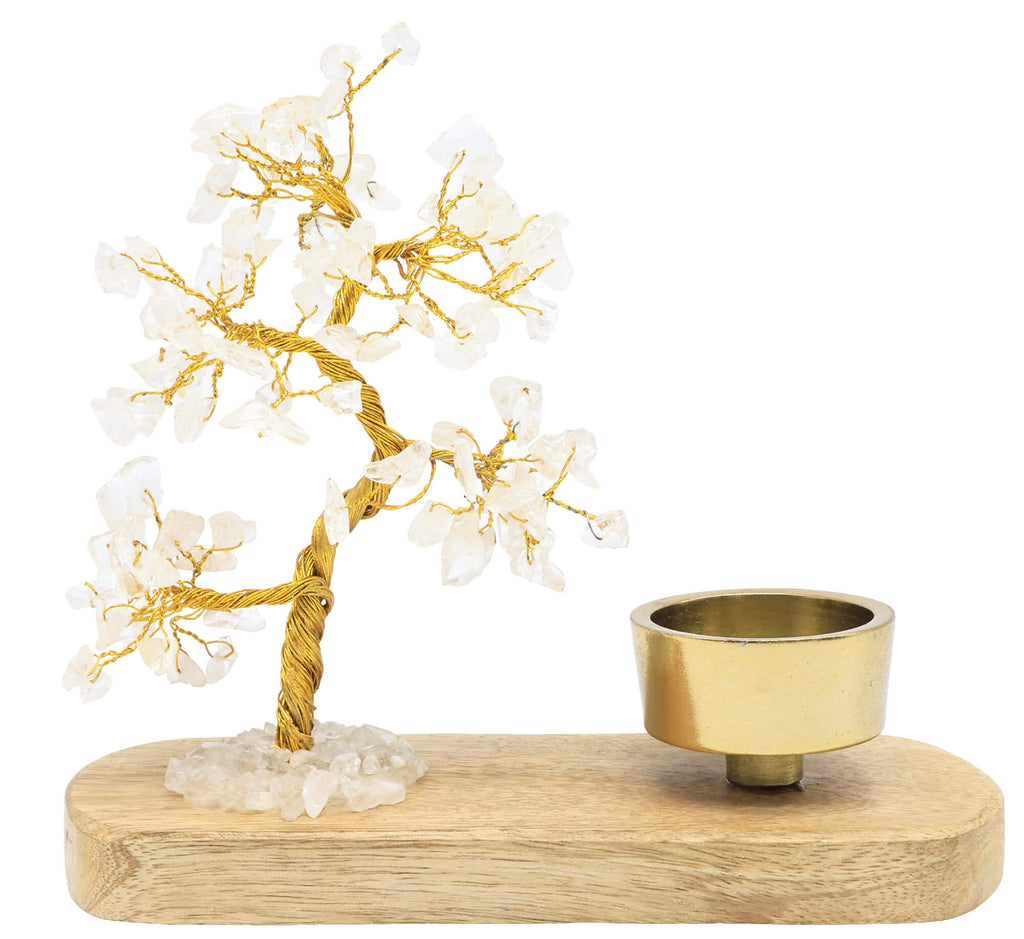 Arbre du Bonheur Cristal de Roche + Bougeoir 17cm – Pierre Universelle & Lumière Cristalline