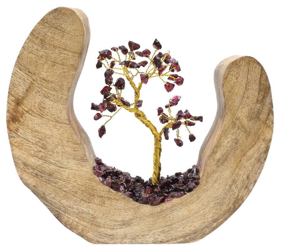 Arbre du Bonheur en Grenat 17cm – Socle Bois de Manguier Design