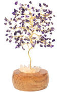 Arbre du Bonheur Lumineux Améthyste 25cm – Base Cristal de Roche Éclairée & Socle Acacia