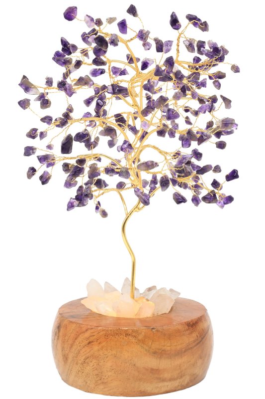 Arbre du Bonheur Lumineux Améthyste 25cm – Base Cristal de Roche Éclairée & Socle Acacia