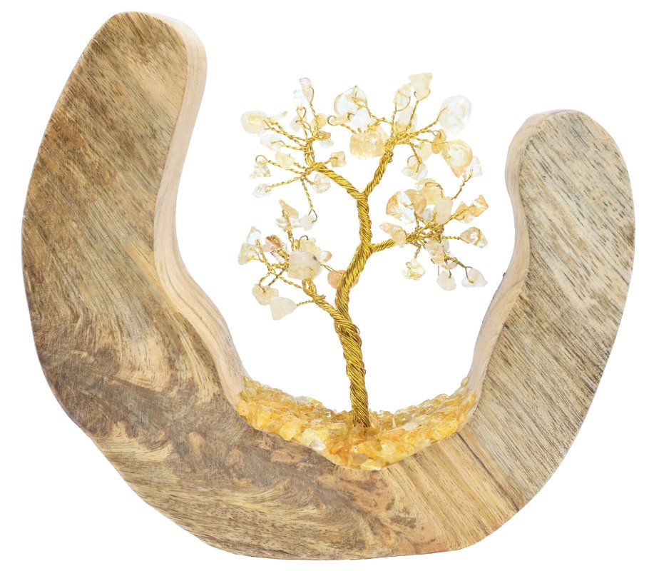 Arbre du Bonheur en Citrine 17cm – Socle Bois de Manguier Design