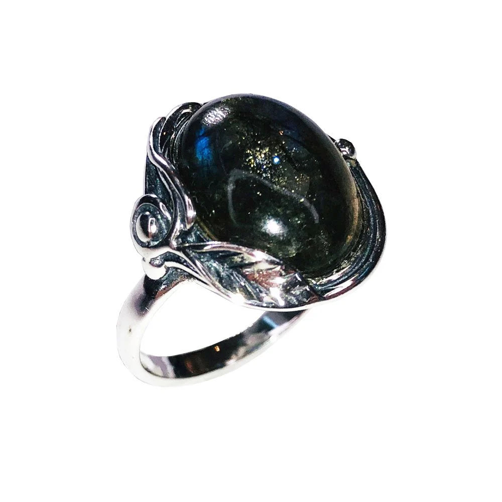 Bague Labradorite "Justine" en Argent 925 | Cabochon Ovale – Pierre des Aurores Boréales