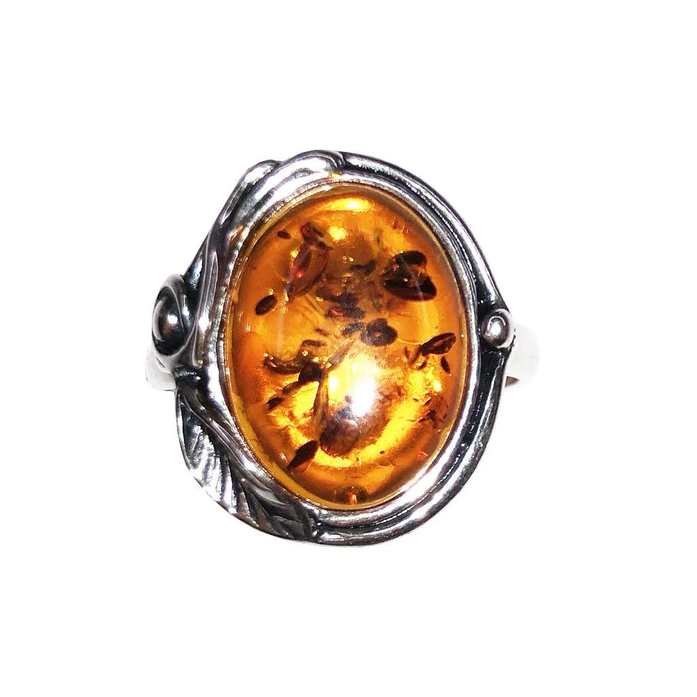 Bague Ambre "Justine" – Argent 925 Sterling | Cabochon Ovale Résine Fossilisée