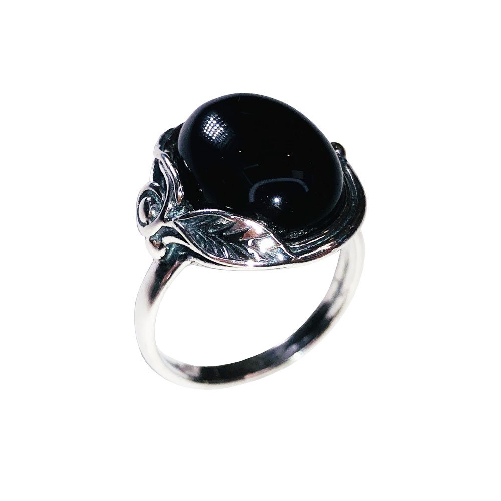 Bague Onyx Noir "Justine" – Argent 925 | Cabochon Ovale Réajustable Cupidon & Vénus