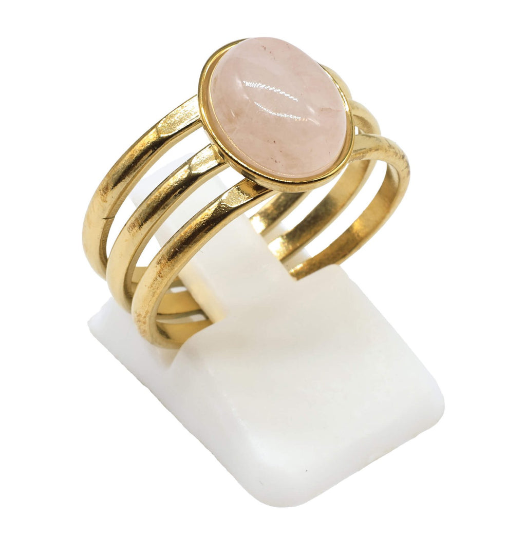 Bague Trident Quartz Rose – Acier Inoxydable Ajustable | Pierre Naturelle