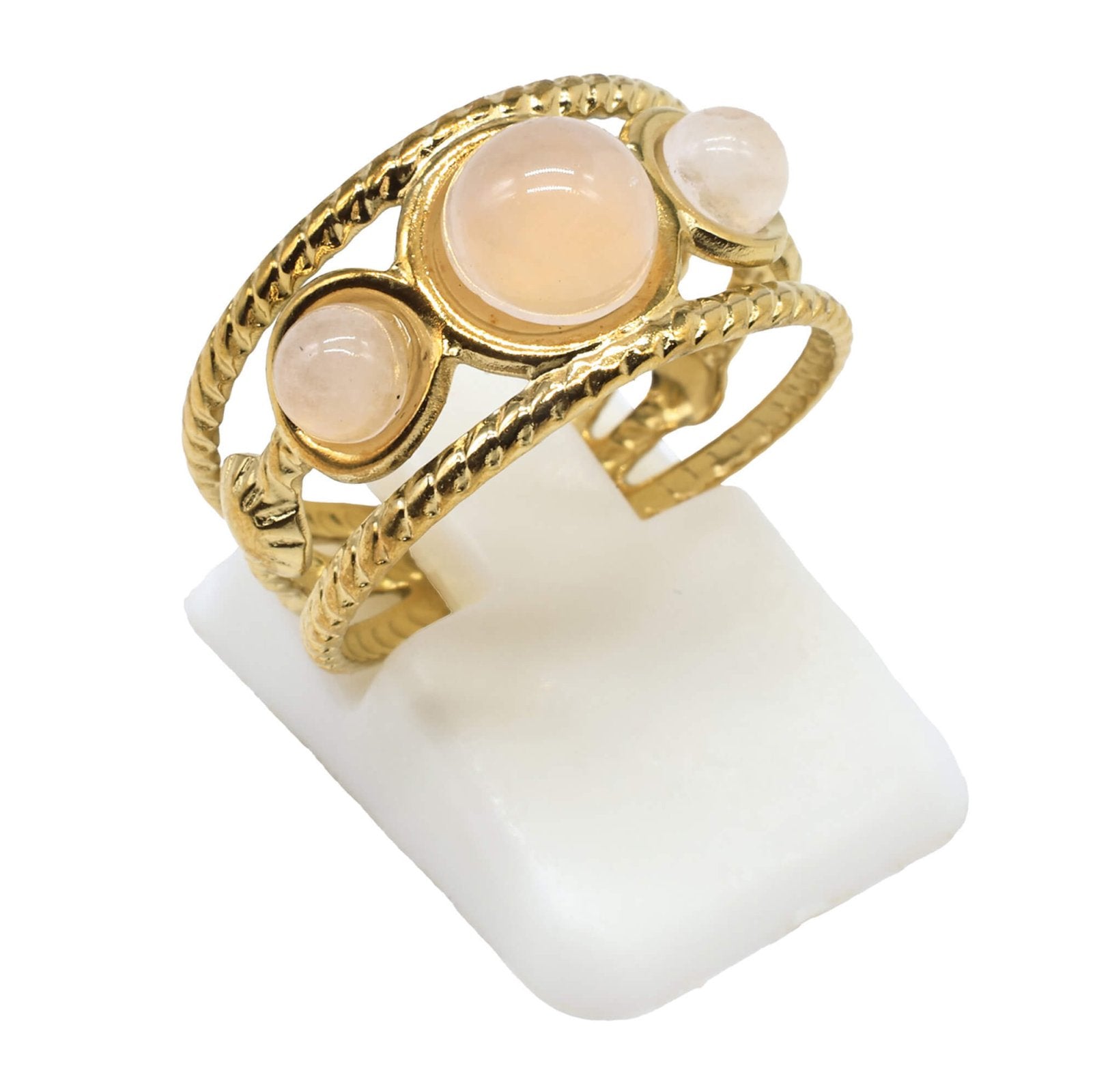 Bague Triple Quartz Rose – Acier Inoxydable Ajustable | Pierre Naturelle