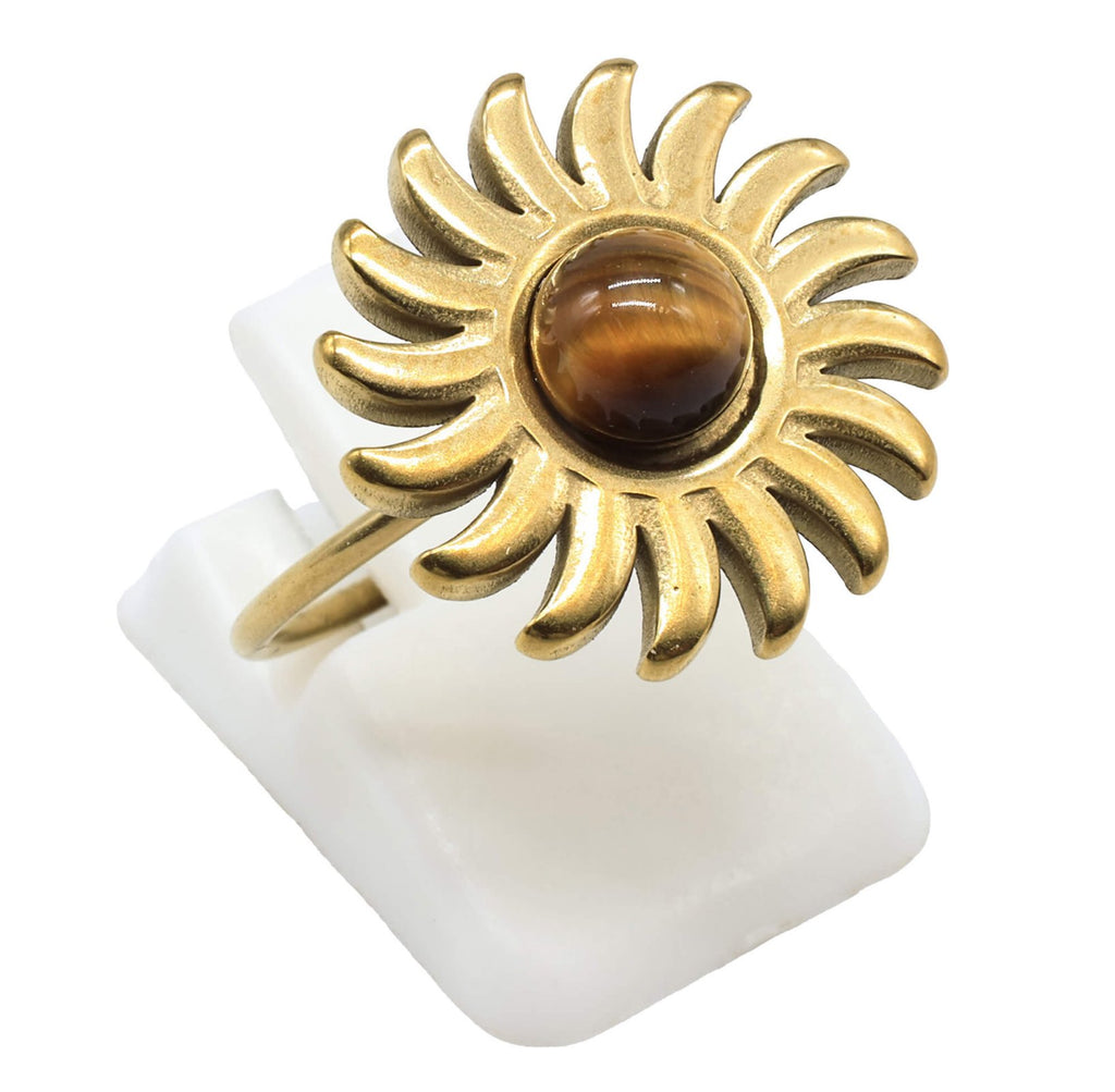 Bague Soleil Œil de Tigre – Acier Inoxydable Ajustable | Pierre Naturelle