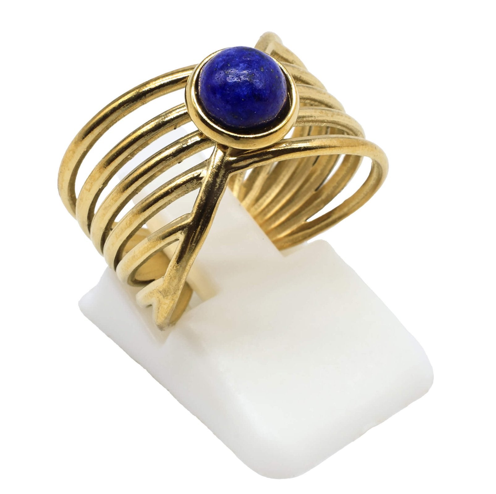 Bague Pince Dorée Lapis Lazuli – Acier Inoxydable Ajustable | Pierre Naturelle
