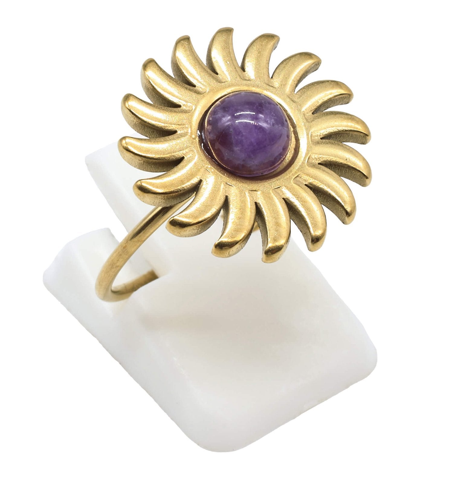 Bague Soleil Améthyste – Acier Inoxydable Ajustable | Pierre Naturelle