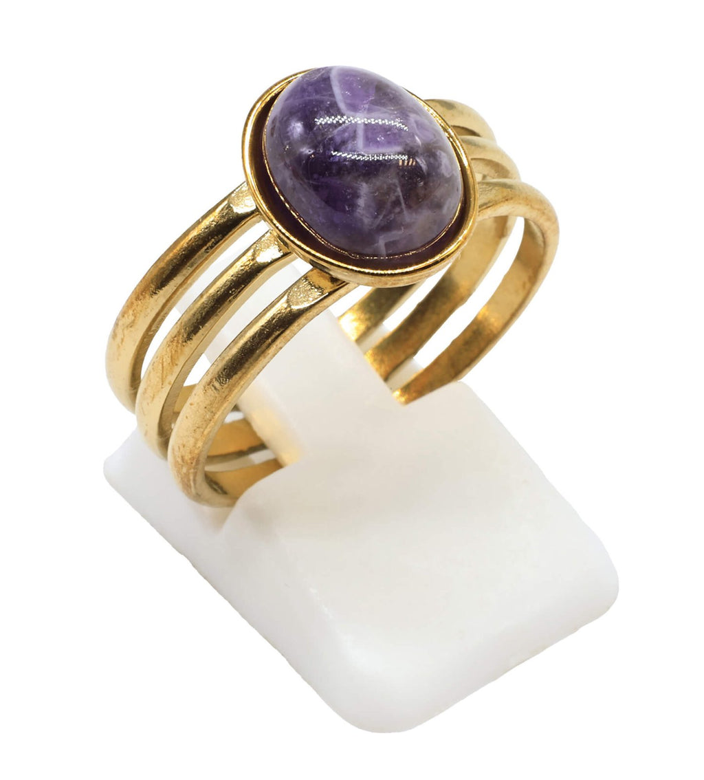 Bague Trident Améthyste – Acier Inoxydable Ajustable | Pierre Naturelle