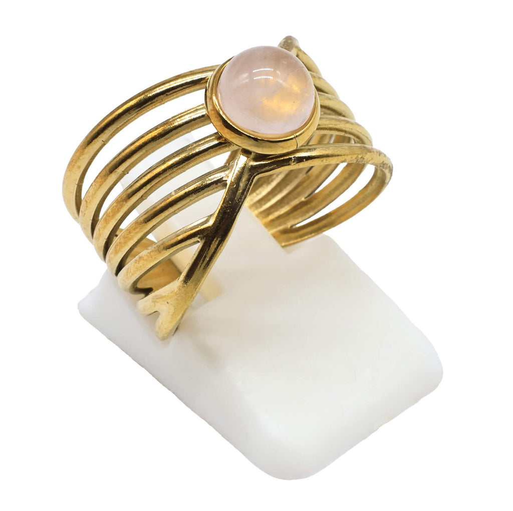 Bague Pince Dorée Quartz Rose – Acier Inoxydable Ajustable | Pierre Naturelle