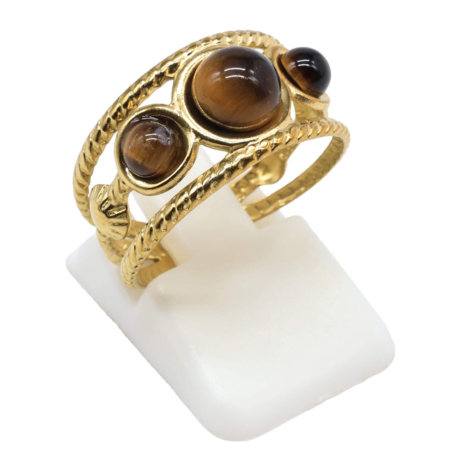 Bague Triple Œil de Tigre – Acier Inoxydable Ajustable | Pierre Naturelle