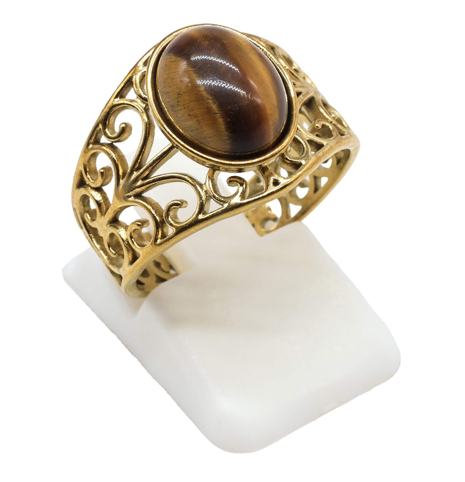 Bague Pince Œil de Tigre – Acier Inoxydable Ajustable | Pierre Naturelle