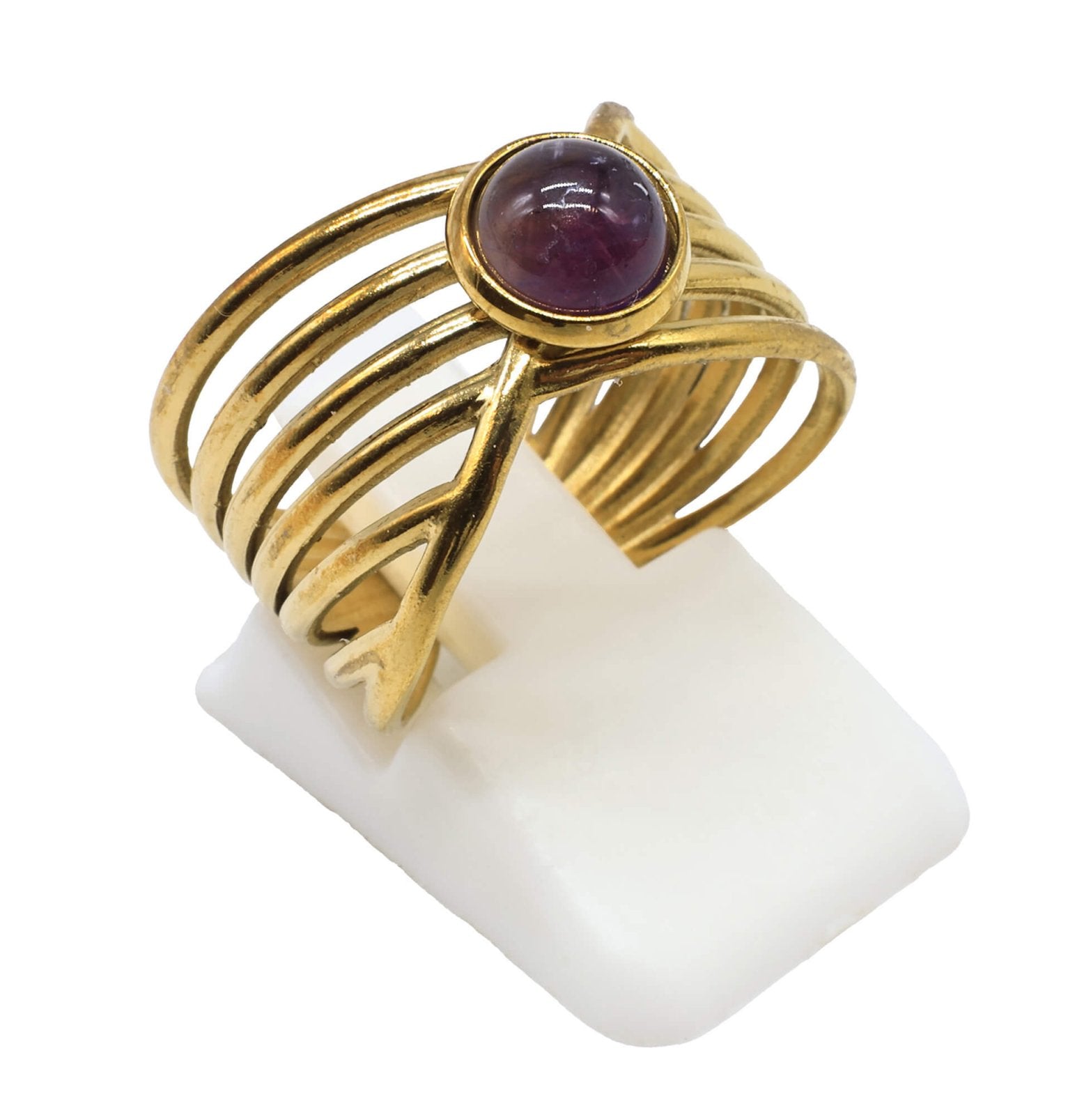 Bague Pince Dorée Améthyste – Acier Inoxydable Ajustable | Pierre Naturelle
