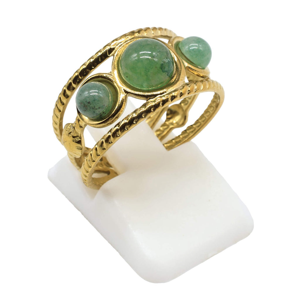 Bague Triple Aventurine Verte – Acier Inoxydable Ajustable | Pierre Naturelle