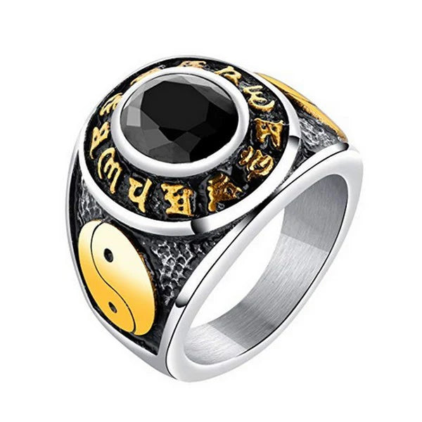 Bague Chevalière Acier 316 Argenté Doré Yin Yang Ajouré Diamant CZ Noir | 20 mm