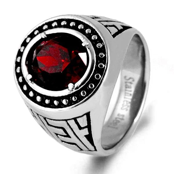 Bague Chevalière Homme Acier Inoxydable 316 Ciselé Pierre Rouge | 20 mm