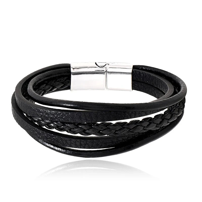 Bracelet Cuir Véritable 5 Brins Tressé & Acier Inoxydable – 21 cm