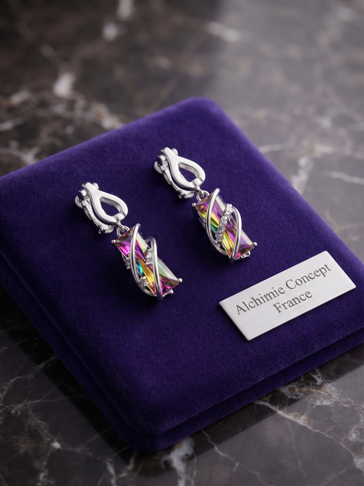 Boucles d'Oreilles Acier Inoxydable Argenté Pierre Violette à reflets à Clip
