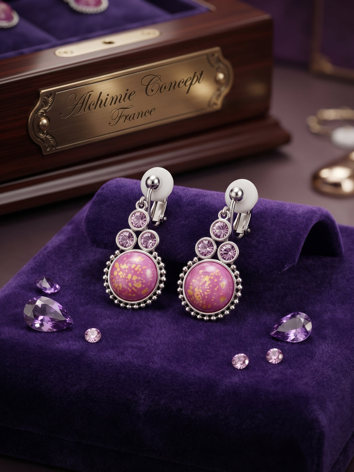 * Boucles d'Oreilles en Acier Inoxydable Multiples Pierres Violettes A Clip - Style Baroque