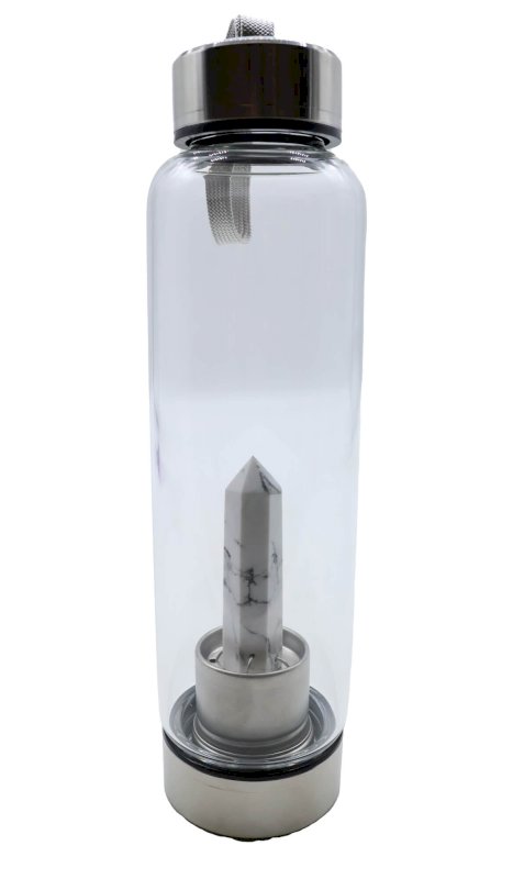 Bouteille Tadasana Pointe Howlite | Cristal Naturel Intégré | Apaisement & Sommeil Paisible | Hauteur 25 cm