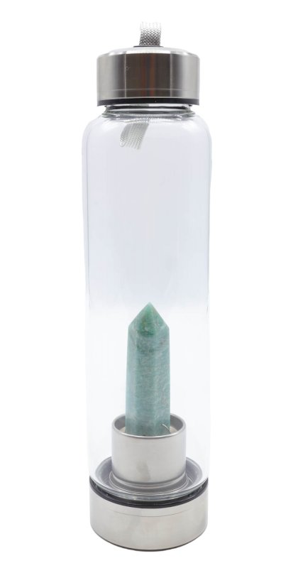 Bouteille Tadasana Pointe Amazonite | Cristal Naturel Intégré | Lithothérapie & Yoga | Hauteur 25 cm