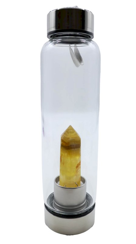 Bouteille Tadasana Pointe Fluorite Jaune | Cristal Naturel Intégré | Joie & Confiance en Soi | Hauteur 25 cm