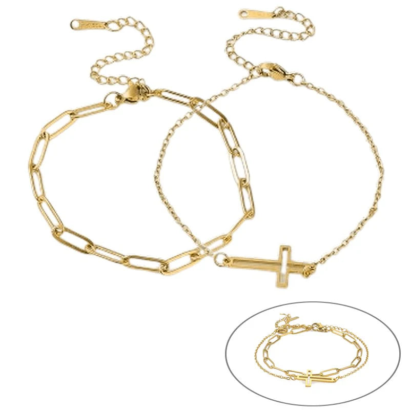 * Ensemble 2 Bracelets Femme Souples Croix Maille Trombone Doré – Plaqué Or 1 Micron | Bijou Élégant